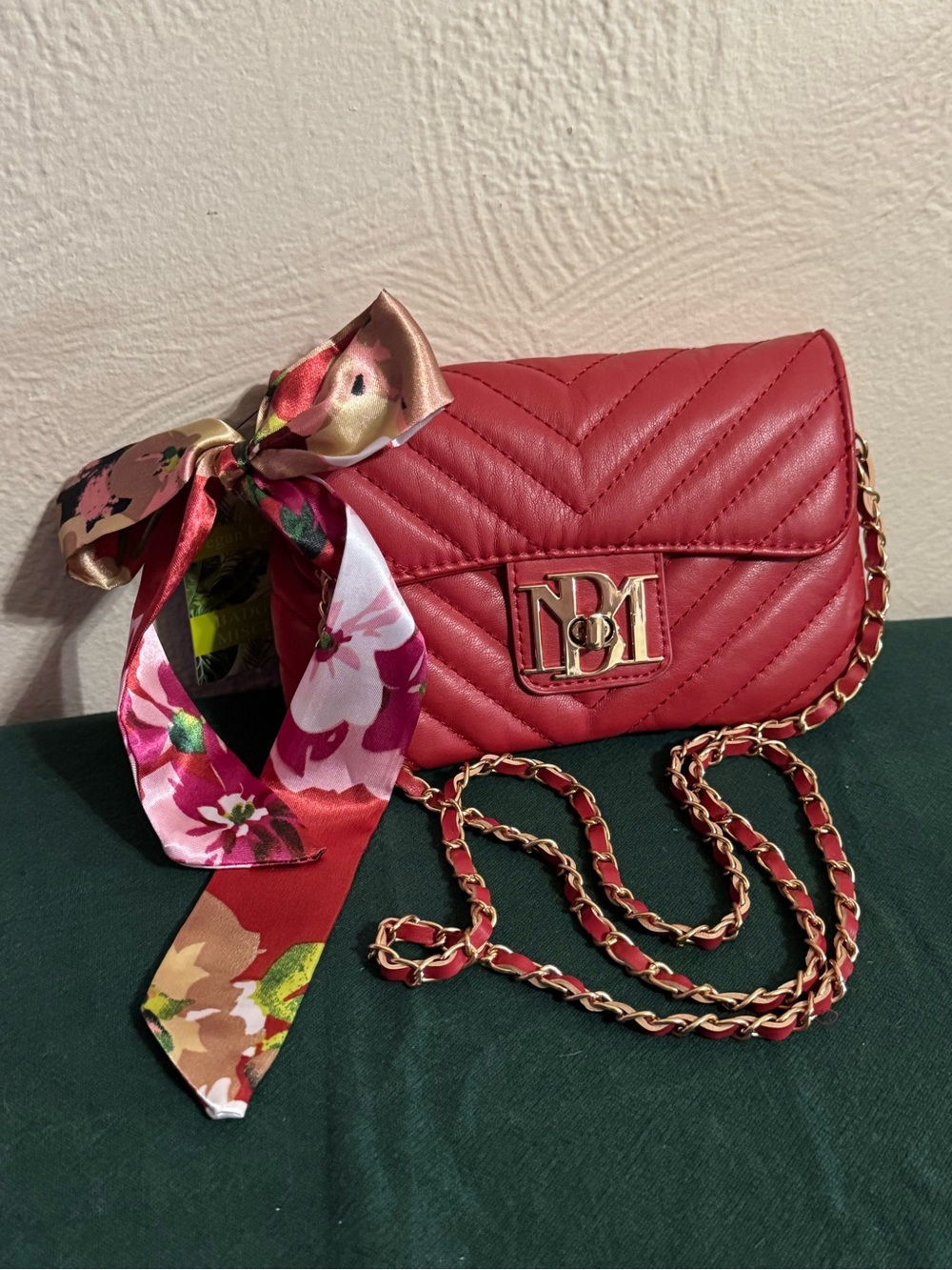 Badgley Mischka Scarlet Quilted Crossbody with Floral Scarf Accent